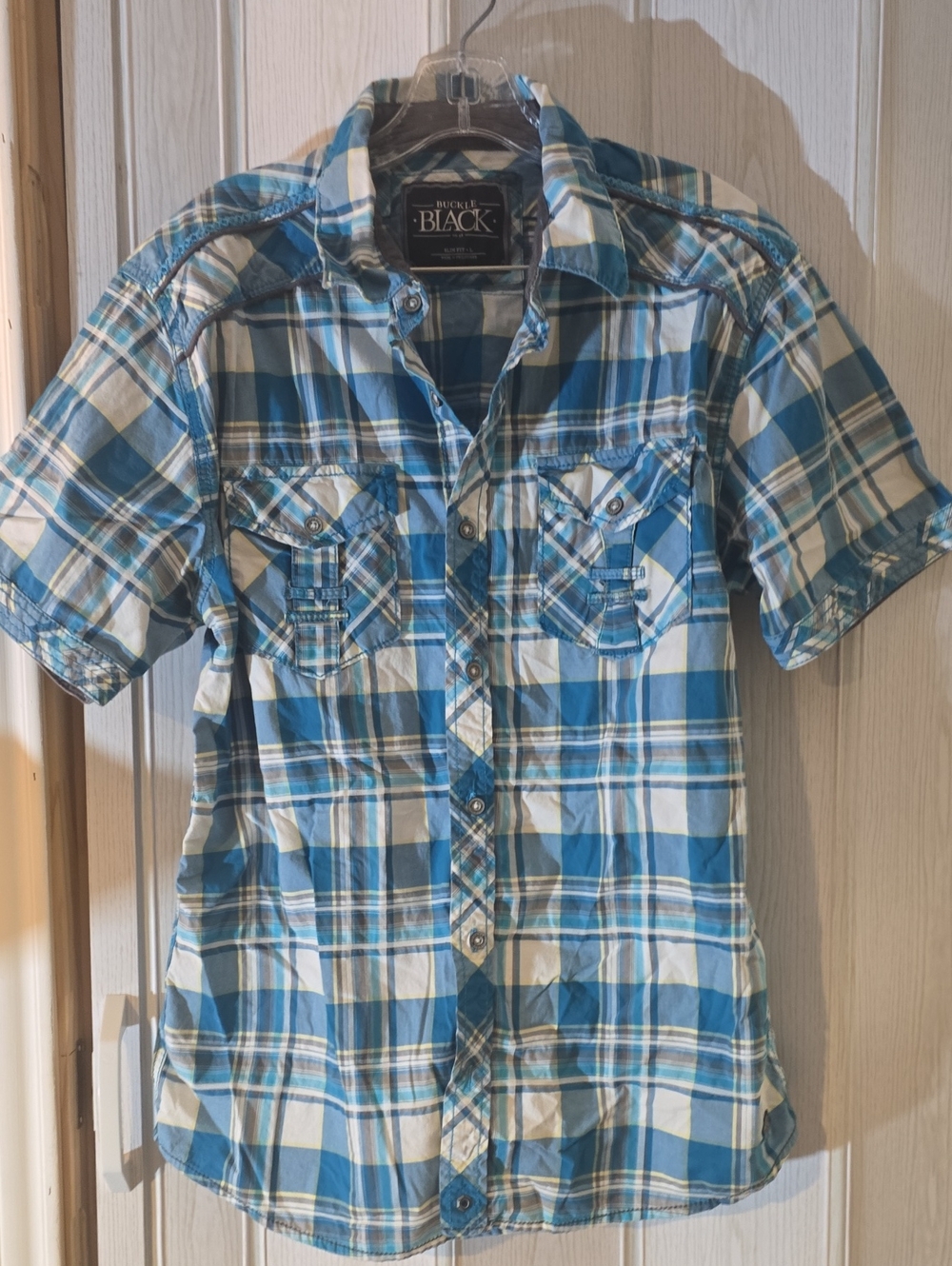 Buckle No. 48 Blue White and Teal Plaid Short-Sleeve Button-Down